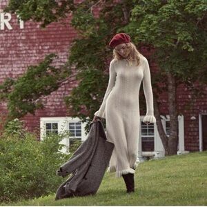 Doen Estella Cream Knit Midi Dress With Ruffle Details Size M Alpaca Wool Blend